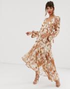 Asos Design Midi Dress With Long Sleeve And Lace Trim In Paisley Print And Tassle Tie - Multi