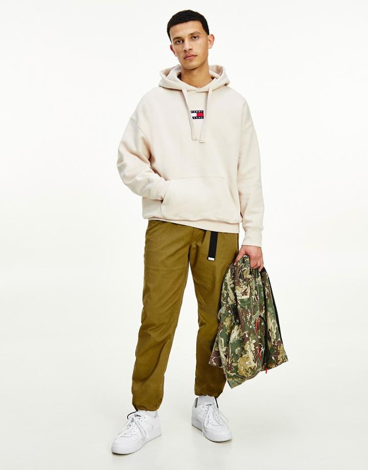 Tommy Jeans Center Badge Logo Hoodie In Stone-neutral