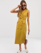 Asos Design Denim Double Breasted Midi Dress With Mock Horn Buttons In Mustard-tan
