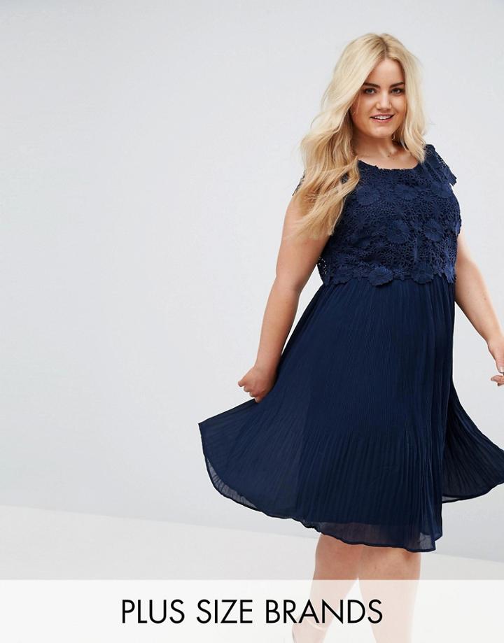 Lovedrobe Crochet Overlay Pleated Dress - Navy