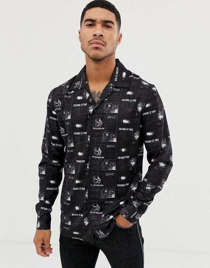 Liquor N Poker Revere Collar Shirt With Picture Print In Black - Black