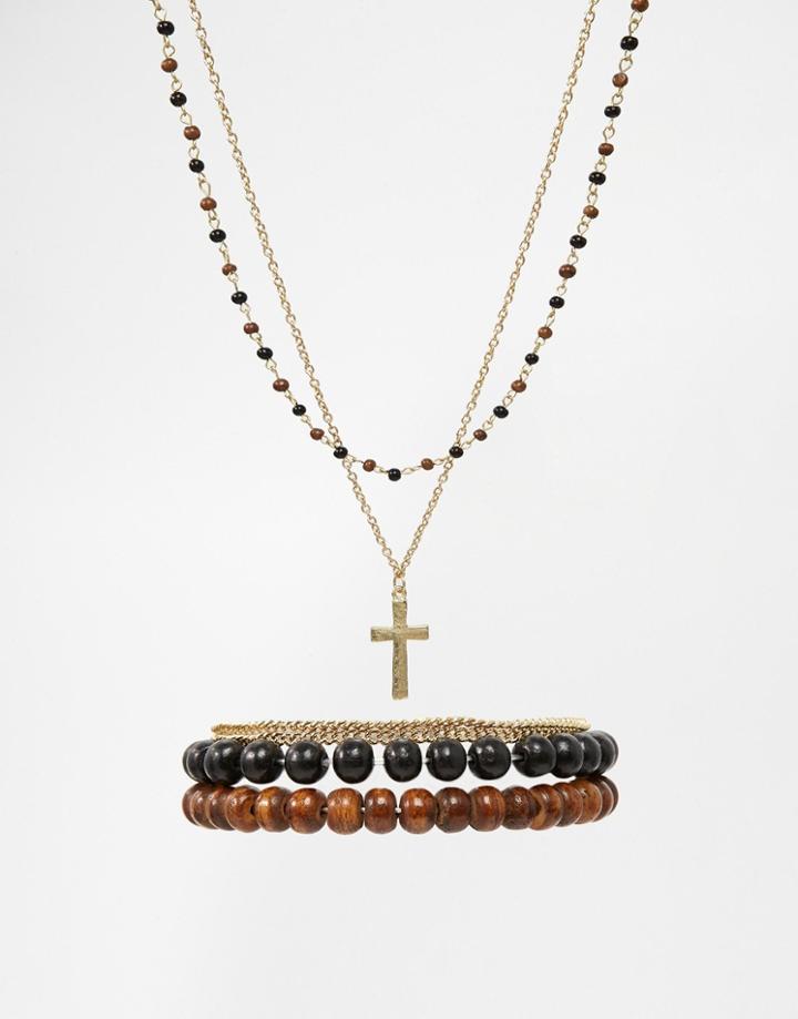 Asos Beaded Necklace And Bracelet Pack With Cross In Gold - Gold