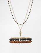 Asos Beaded Necklace And Bracelet Pack With Cross In Gold - Gold