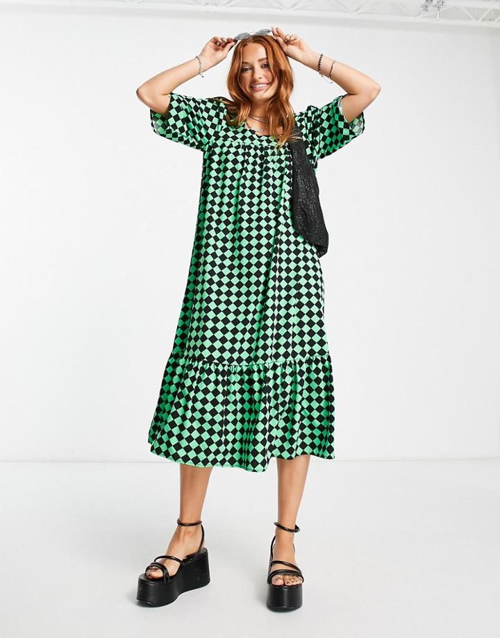 Vila Short Sleeve Midi Smock Dress With Ruffle Hem In Green Gingham
