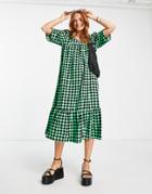 Vila Short Sleeve Midi Smock Dress With Ruffle Hem In Green Gingham