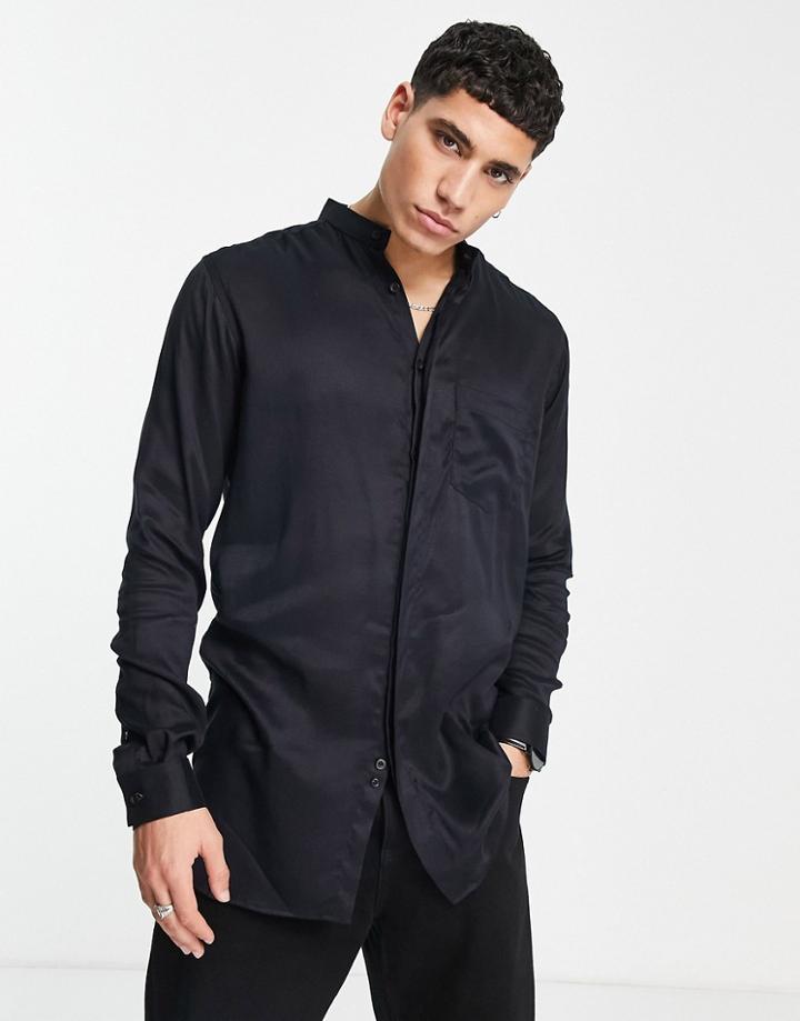 Bolongaro Trevor Long Line Grandad Collar Shirt-black