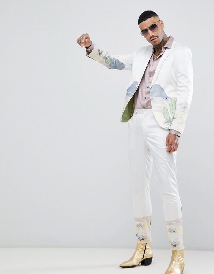 Asos Design Skinny Suit Pants With Western Design In White Sateen - White