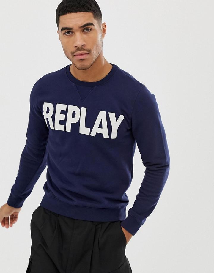 Replay Logo Crew Neck Sweat In Navy - Navy