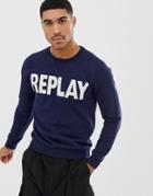 Replay Logo Crew Neck Sweat In Navy - Navy