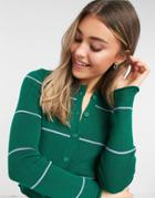 Asos Design Ribbed Crew Neck Cardigan With Frill Edge In Green Stripe