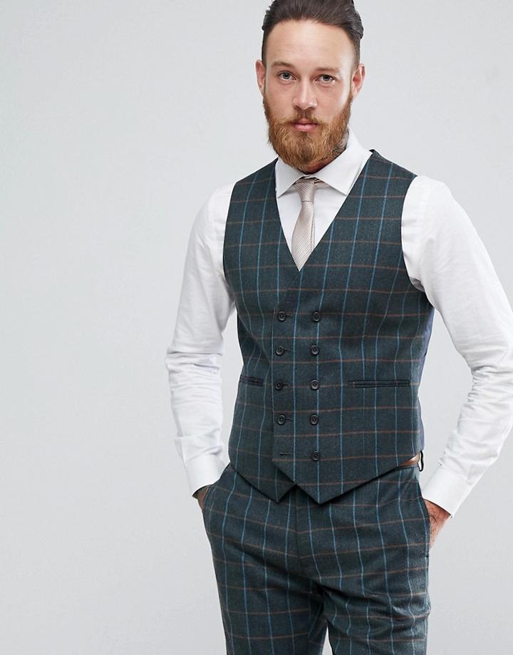 Asos Skinny Suit Vest In Khaki Country Check - Green