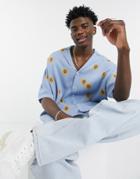 Asos Design Knit Button Through Polo With Floral Design In Dusty Blue-blues