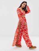 Asos Design Wide Leg Beach Pants In Flamenco Floral Stripe Print Two-piece - Multi
