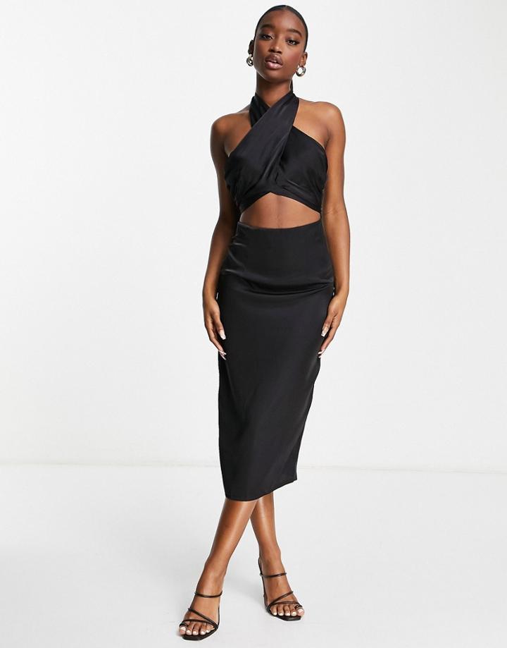 Naanaa Satin Cross Body Halter Neck Midi Dress In Black