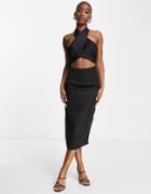 Naanaa Satin Cross Body Halter Neck Midi Dress In Black