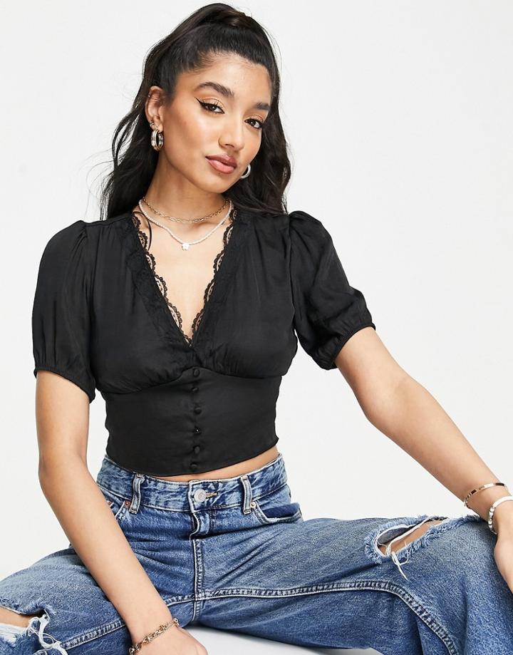 Stradivarius Satin Romantic Blouse With Lace Trim In Black