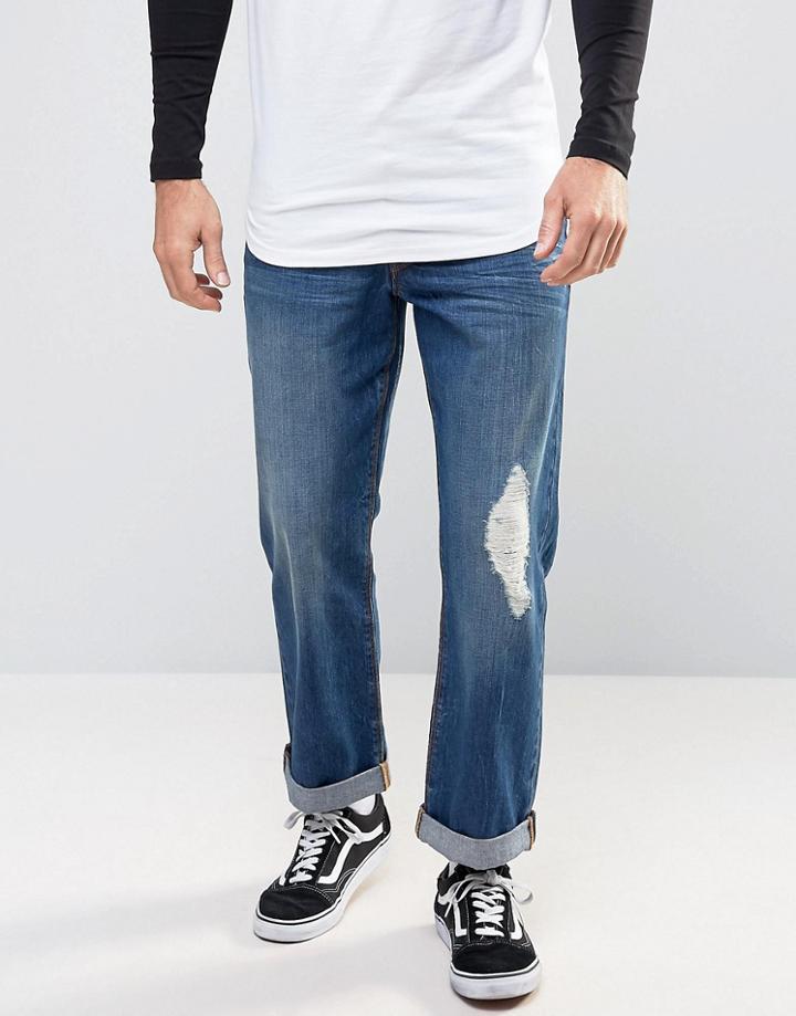 Asos Straight Jeans With Distressing In Mid Blue - Blue