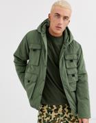 Asos Design Hooded Puffer Jacket With Hood And Utility Pockets In Khaki-green