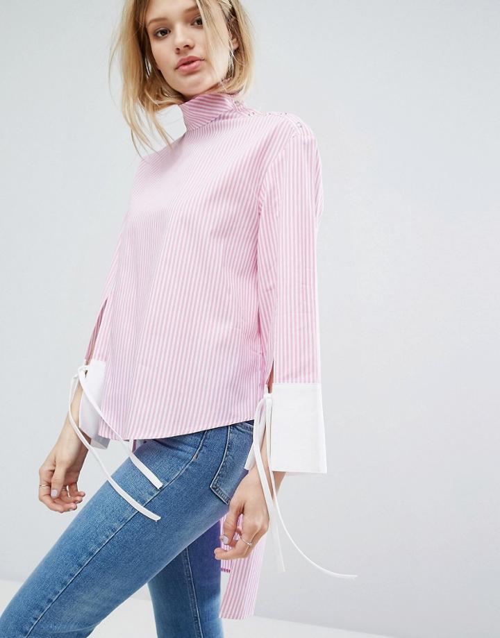 Outstanding Ordinary Relaxed Blouse In Pinstripe With High Neck - Pink