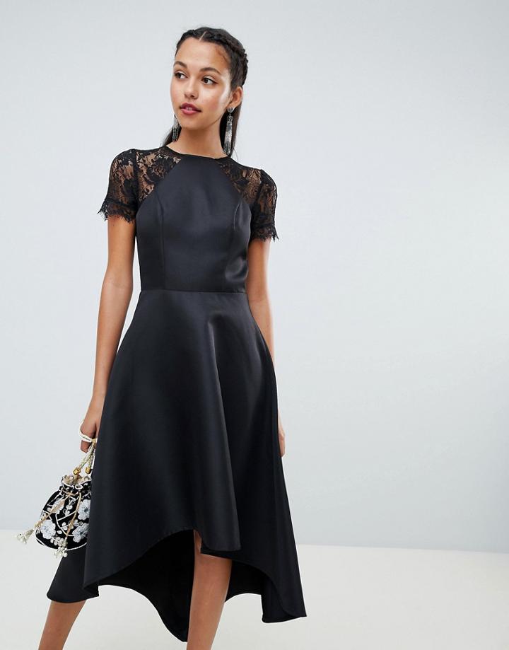 Chi Chi London High Low Hem Midi Dress With Lace Sleeves In Black