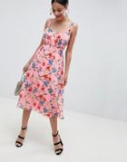 Asos Design Cut Out Midi Dress In Pink Floral Print - Multi