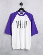 Asos Design Oversized T-shirt In White With Purple Color Block And Brooklyn Print - White
