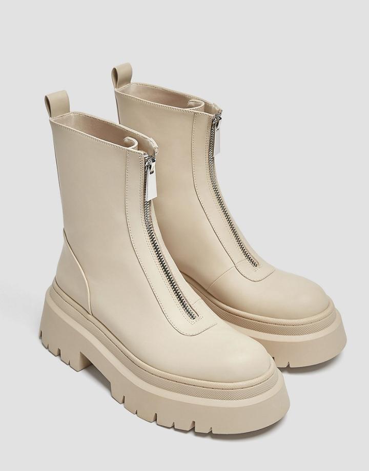 Pull & Bear Zip Front Chunky Flat Ankle Boots In Ecru-white