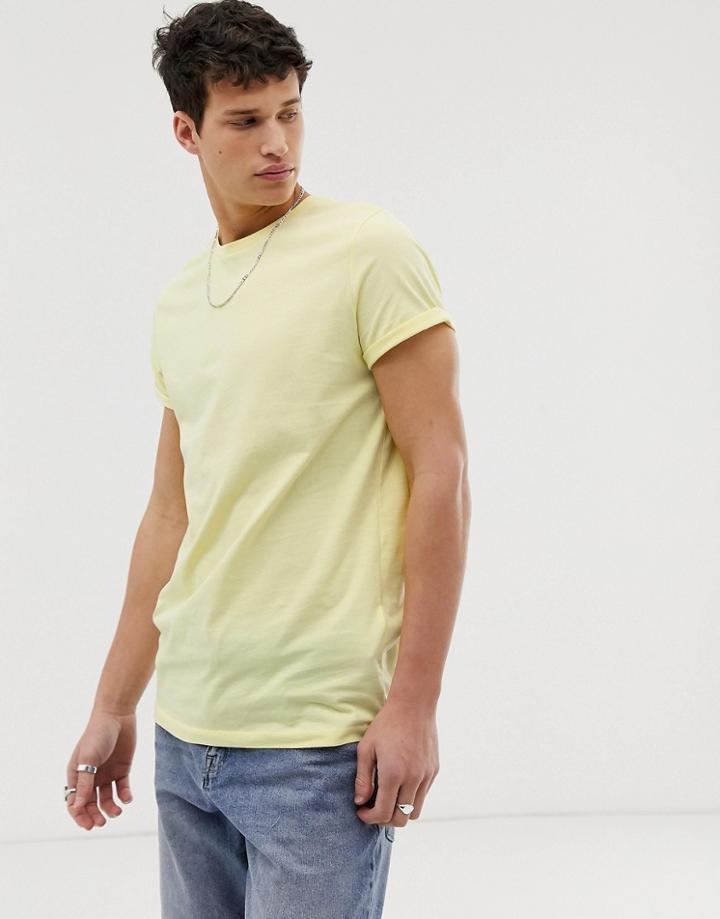 Asos Design Crew Neck T-shirt With Roll Sleeve In Yellow - Yellow