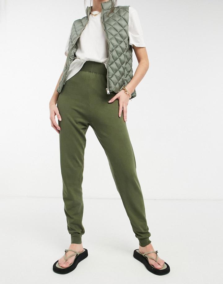 Asos Design Knitted Sweatpants With Tie Waist Detail In Khaki - Part Of A Set-green