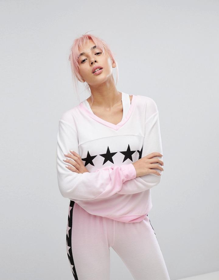 Wildfox Star Print Sublimation V Neck Lounge Sweatshirt - Multi