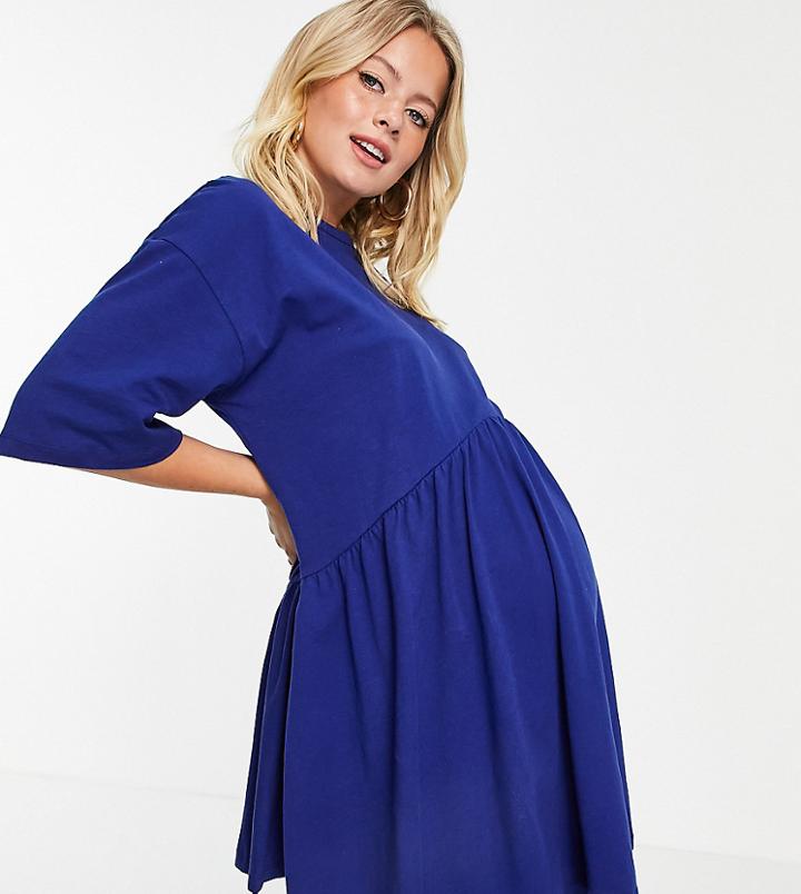 Asos Design Maternity Oversized Mini Smock Dress With Dropped Waist In Navy