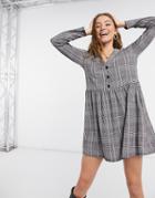 New Look Button Front Mini Dress In Gray Check Print-grey