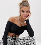 Collusion Ruched Rib Front Off Shoulder Top In Black - Black