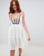 South Beach Crinkle Embroidered Beach Dress With Spaghetti Straps - White