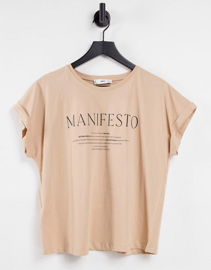 Mango Slogan T-shirt In Camel-neutral