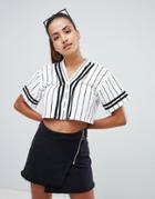 Prettylittlething Cropped Baseball Top In Stripe - White