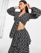 Pretty Lavish Cecile Tie Front Blouse Set In Abstract Print-black