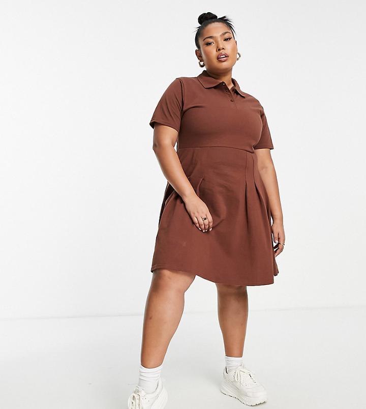 Daisy Street Plus Mini Polo Tennis Style Dress In Brown Jersey