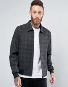 Asos Bomber Jacket With Collar In Charcoal Check Wool Mix - Gray