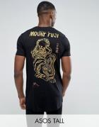 Asos Tall Longline T-shirt With Tiger Back Print And Curved Hem - Black