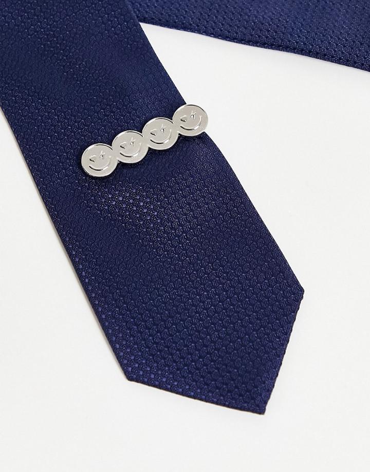 Asos Design Wedding Tie Bar With Face Design In Silver Tone