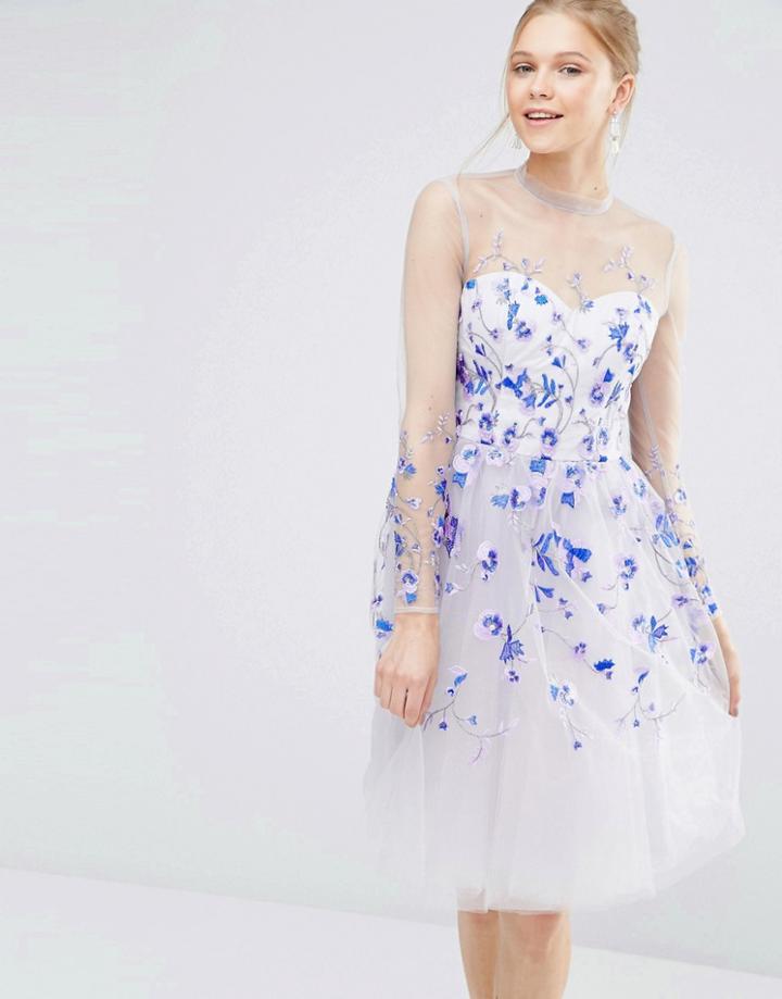 Chi Chi London Tulle Midi Dress With Longsleeves And Embroidery - Gray