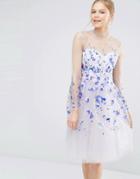 Chi Chi London Tulle Midi Dress With Longsleeves And Embroidery - Gray