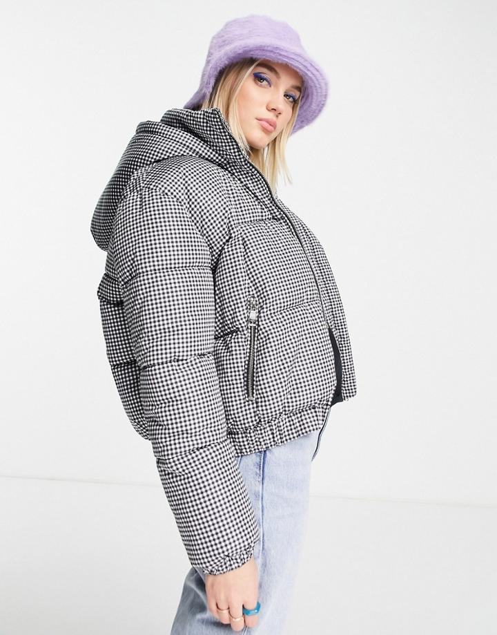 Miss Selfridge Hooded Short Puffer Jacket In Mono Check-black