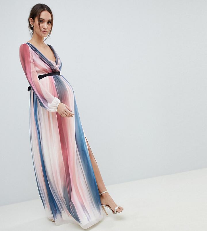 Little Mistress Maternity Contrast Stripe Plunge Front Maxi Dress - Multi