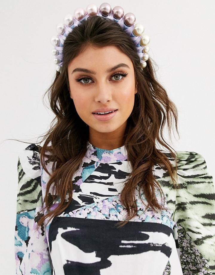 Asos Design Headband With Graduating Pastel Pearl Embellishment-multi