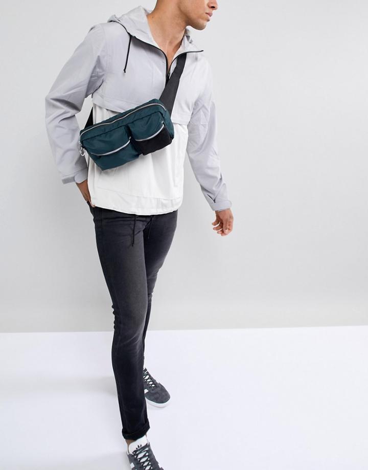 Asos Design Cross Body Bag With Front Pockets And Mesh In Teal - Green