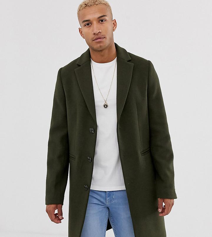 Asos Design Tall Wool Mix Overcoat In Khaki