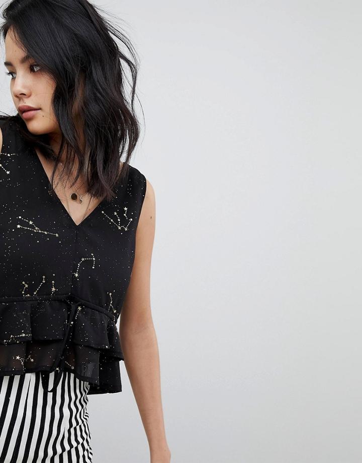 Honey Punch Crop Top With Ruffle Hem & Celestial Embroidery - Black
