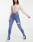 Topshop Jamie Recycled Cotton Blend Jean With Thigh Rip In Mid Blue